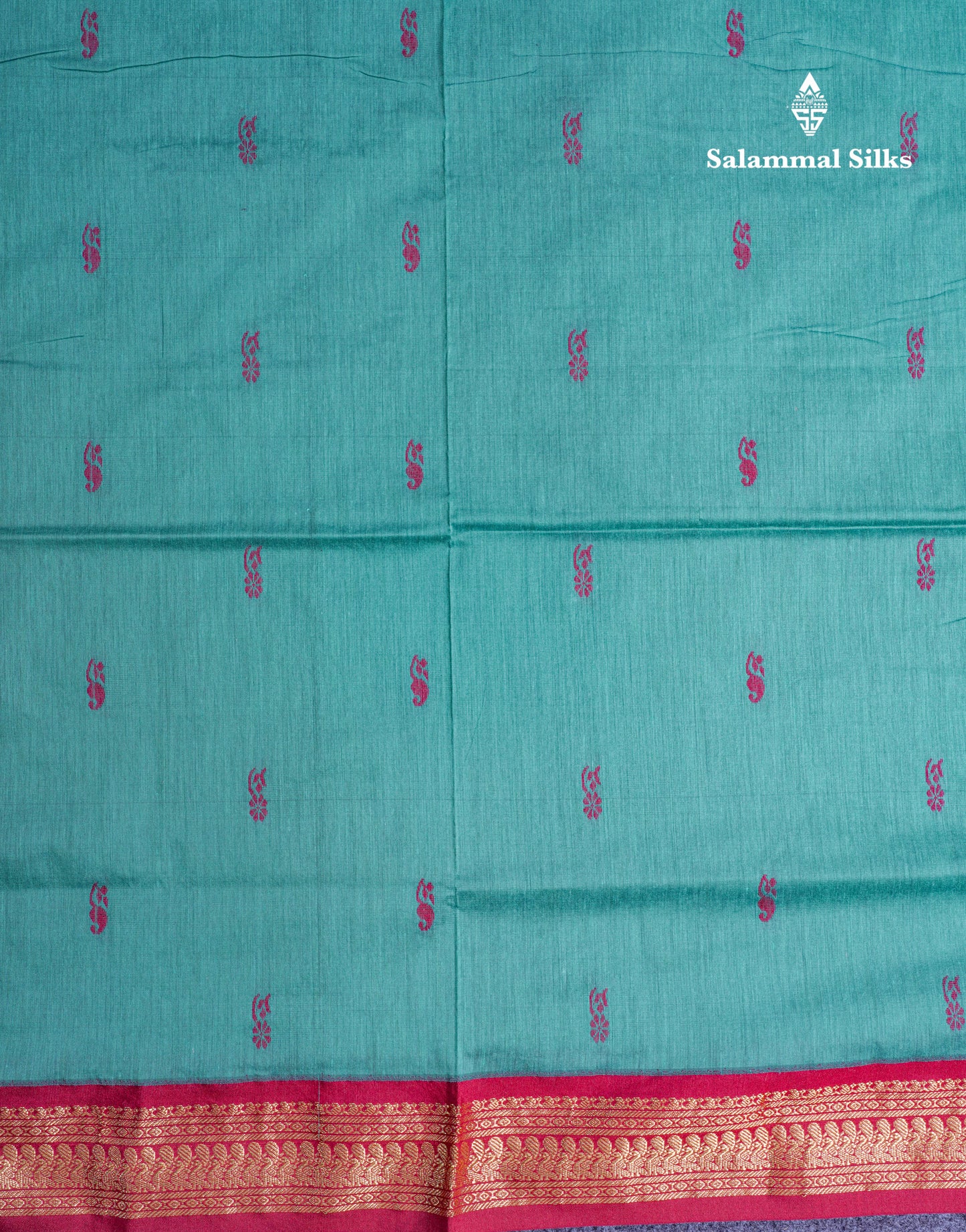 Sapphire Green Kalyani Cotton Saree With Contrast Maroon Border