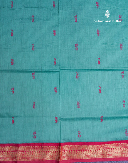 Sapphire Green Kalyani Cotton Saree With Contrast Maroon Border