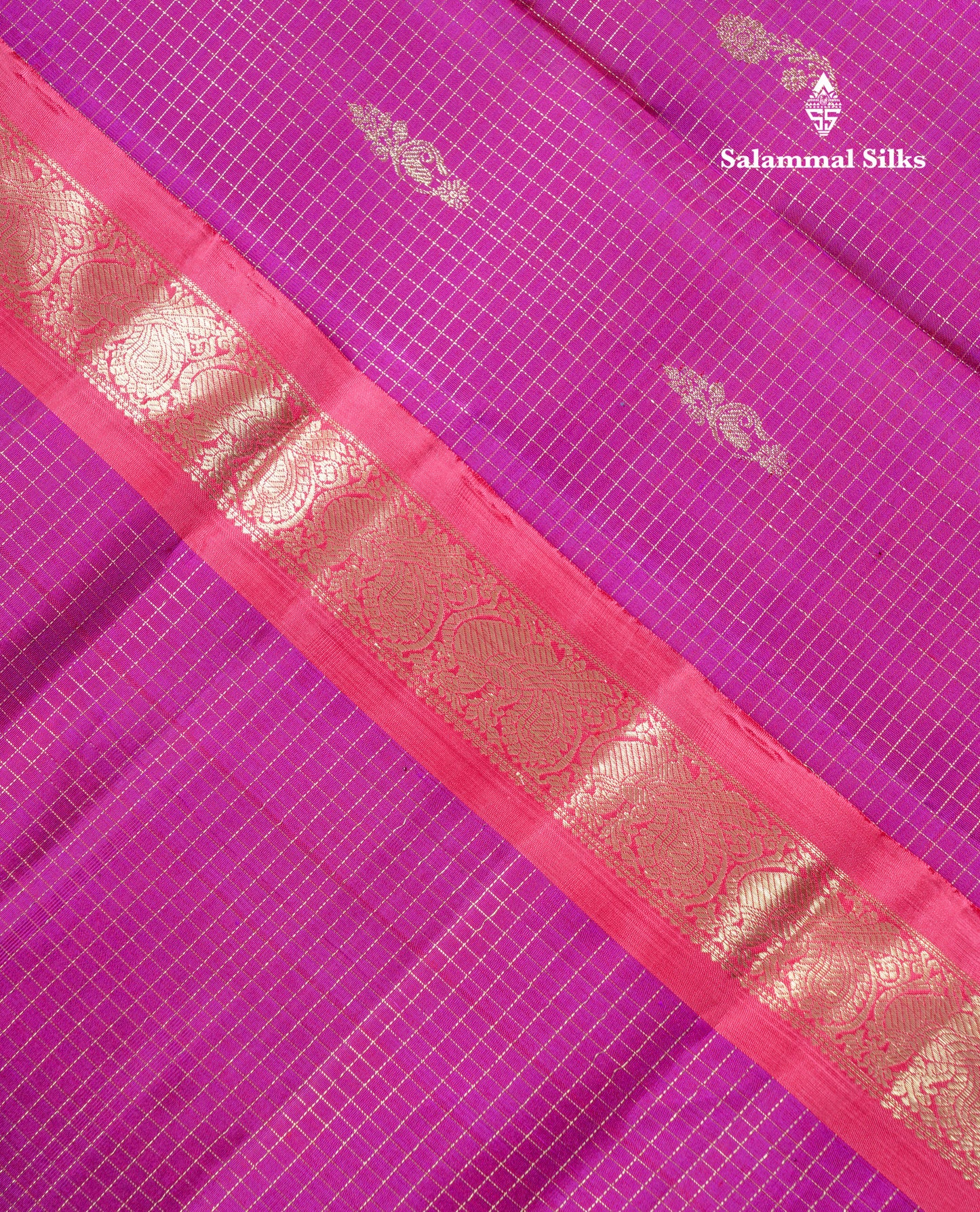 Beautiful Purple Zari Checks With Butta Pure Kanjivaram Silk Saree With Contrast Oniom Pink Traditional Border