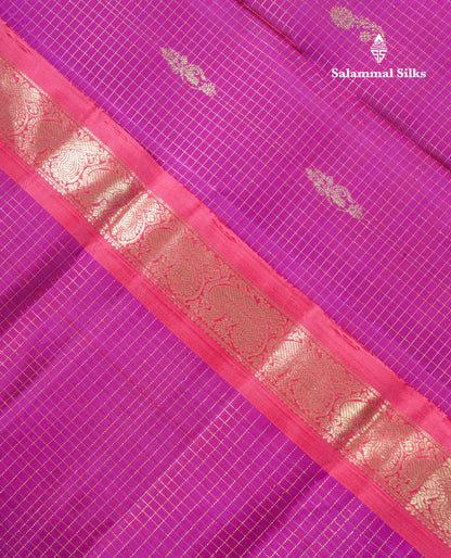 Beautiful Purple Zari Checks With Butta Pure Kanjivaram Silk Saree With Contrast Oniom Pink Traditional Border