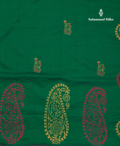 Bottle Green South Cotton Printed Saree With Contrast Mustard Yellow Blouse