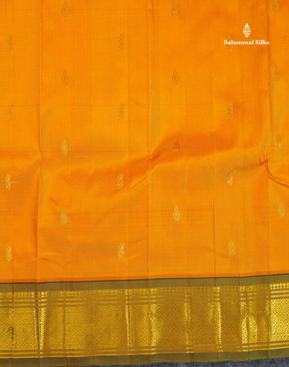 One Side Border Pure Silk Saree - Yellow Colour Body Zari Butta With Contrast Olive Green Traditional Border