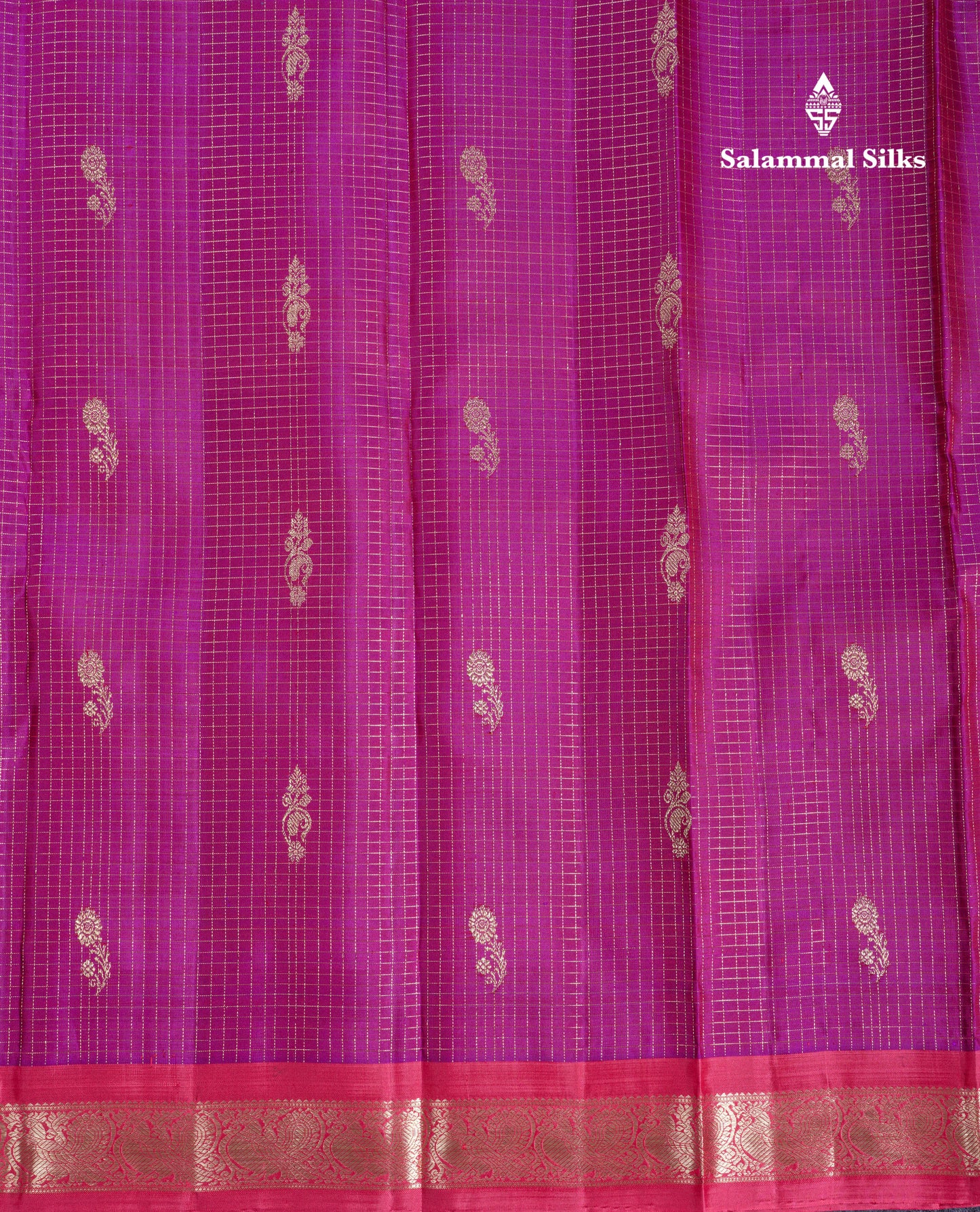 Beautiful Purple Zari Checks With Butta Pure Kanjivaram Silk Saree With Contrast Oniom Pink Traditional Border