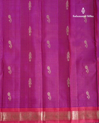 Beautiful Purple Zari Checks With Butta Pure Kanjivaram Silk Saree With Contrast Oniom Pink Traditional Border