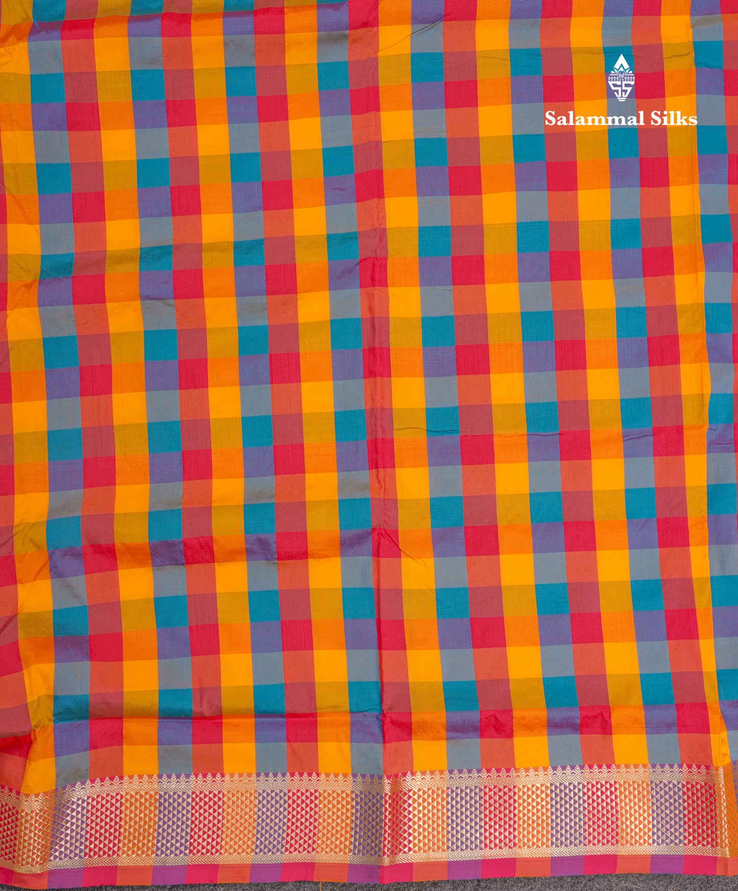 Paalum Pazham Checks 9 Yards Semi Silk Saree with Gold Zari (3.3 Inch) Border