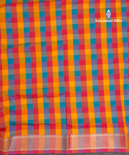 Paalum Pazham Checks 9 Yards Semi Silk Saree with Gold Zari (3.3 Inch) Border