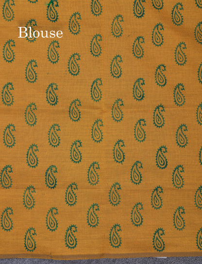 Bottle Green South Cotton Printed Saree With Contrast Mustard Yellow Blouse