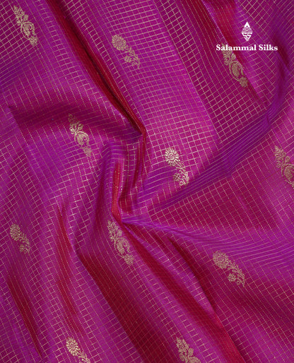 Beautiful Purple Zari Checks With Butta Pure Kanjivaram Silk Saree With Contrast Oniom Pink Traditional Border