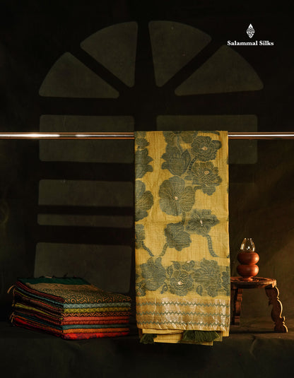 Beautiful Light Yellow Muga Cotton Saree With Contrast Light Red Blouse