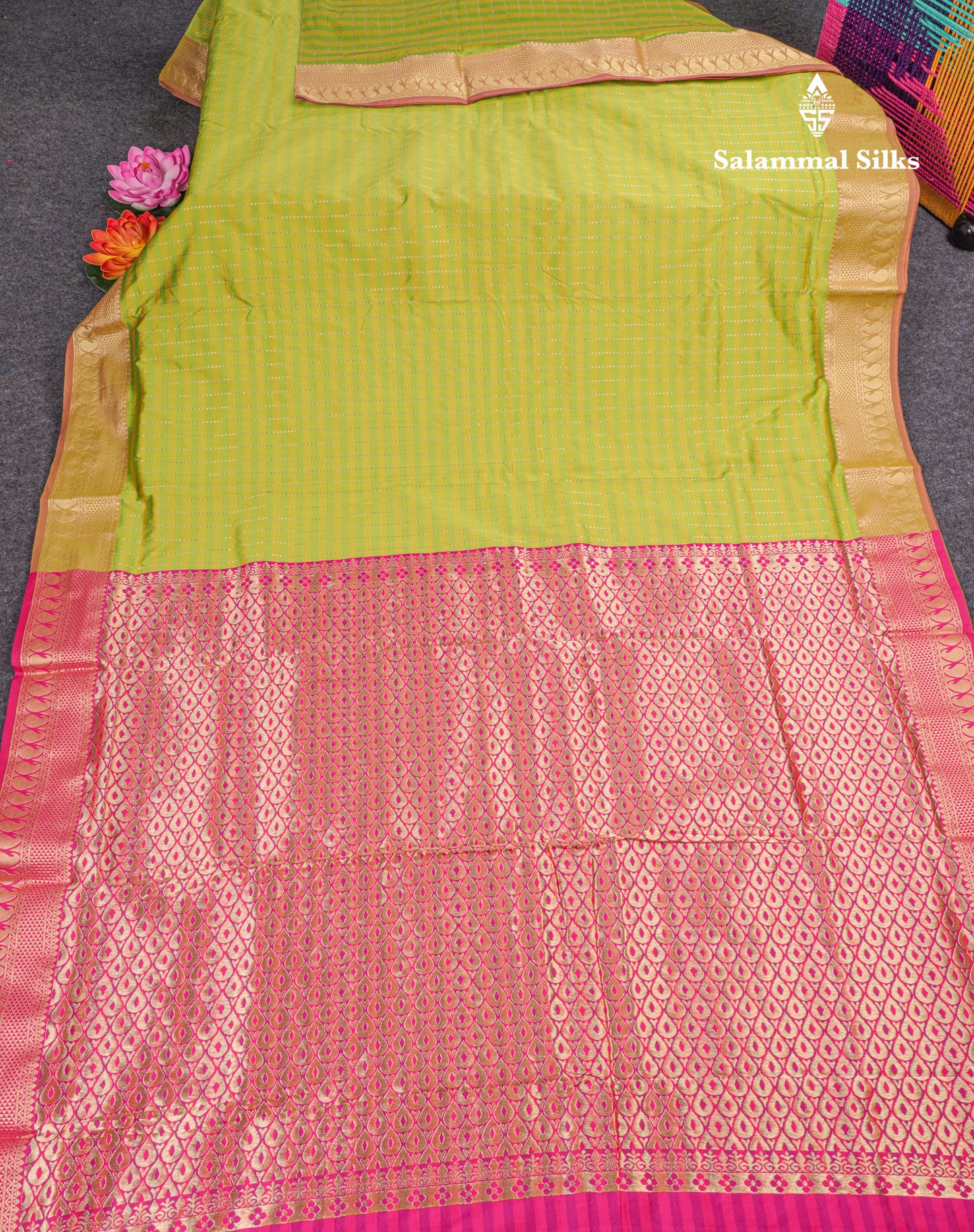 9 Yards Semi Silk Saree Light Green & Parrot Green with Light Onion Pink Border