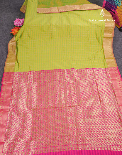 9 Yards Semi Silk Saree Light Green & Parrot Green with Light Onion Pink Border