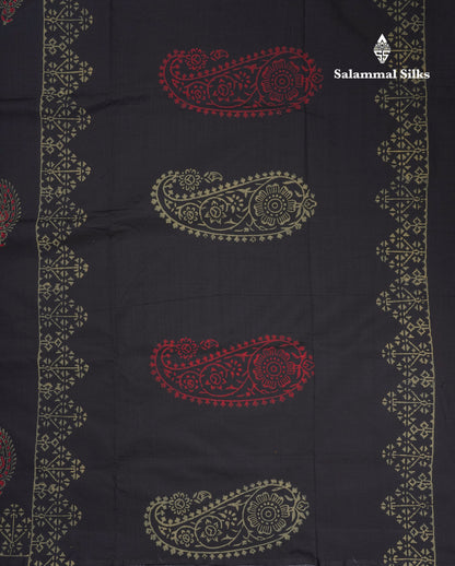 Black South Cotton Printed Saree With Contrast Grey White Blouse