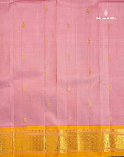 One Side Border Pure Silk Saree - Baby Pink Colour Zari Butta With Contrast Yellow Traditional Border