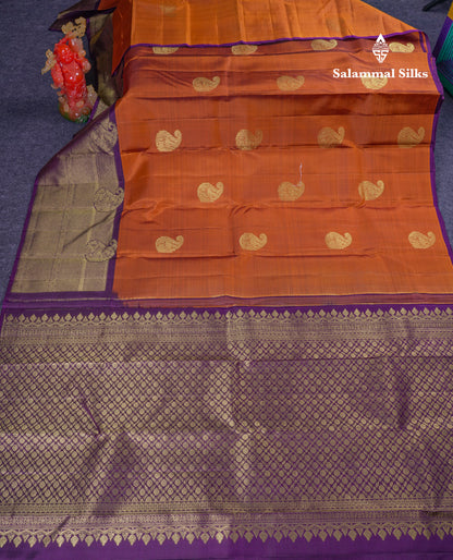 Beautiful Rust Orange Pure Kanjivaram Silk Saree With Contrast Dark Purple Traditional One Side Border