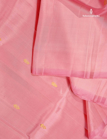 One Side Border Pure Silk Saree - Baby Pink Colour Zari Butta With Contrast Yellow Traditional Border