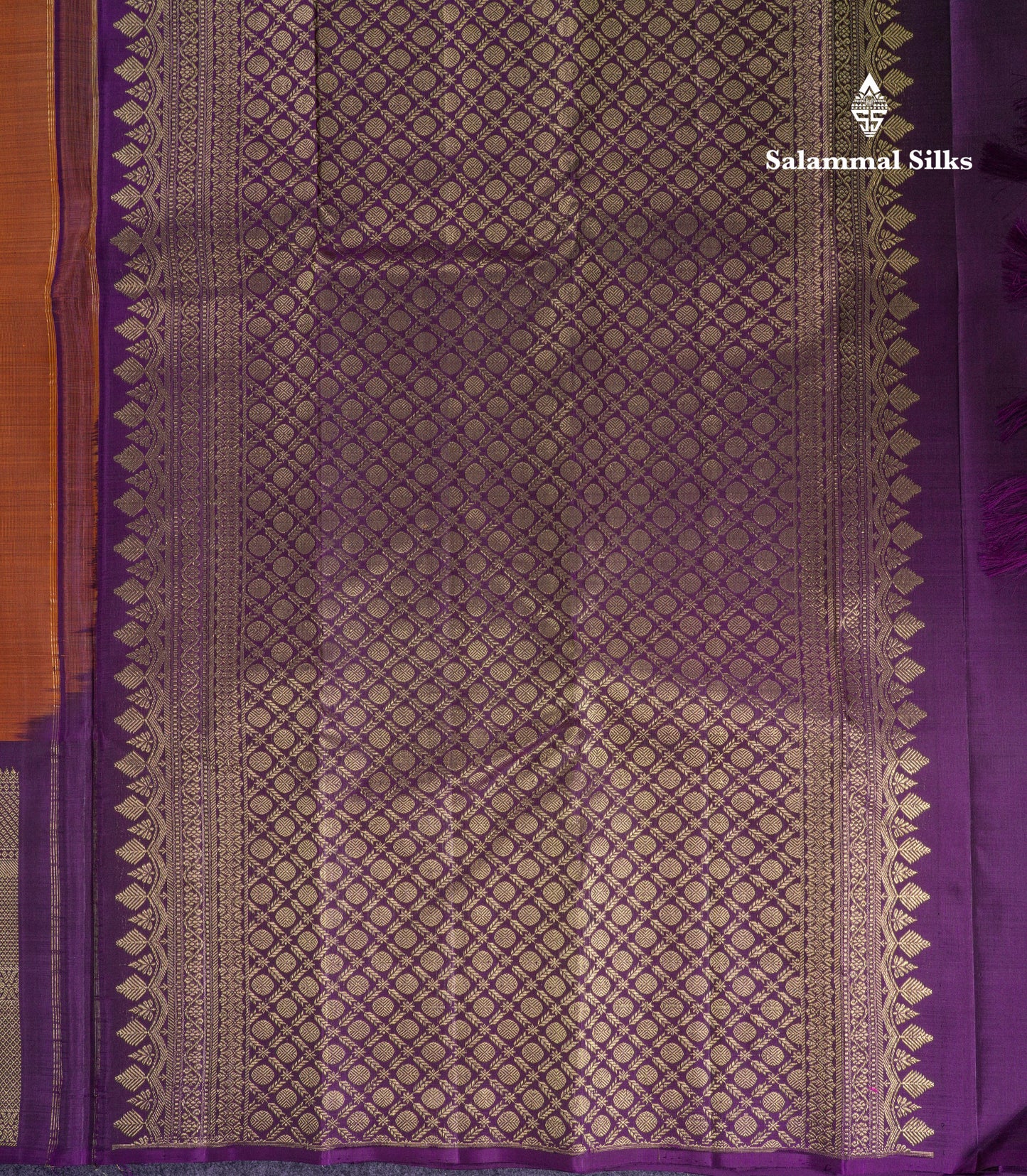 Beautiful Rust Orange Pure Kanjivaram Silk Saree With Contrast Dark Purple Traditional One Side Border
