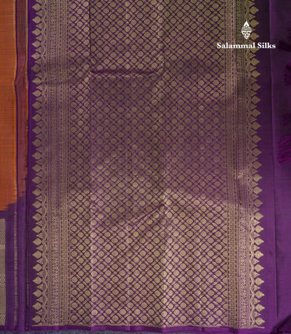 Beautiful Rust Orange Pure Kanjivaram Silk Saree With Contrast Dark Purple Traditional One Side Border