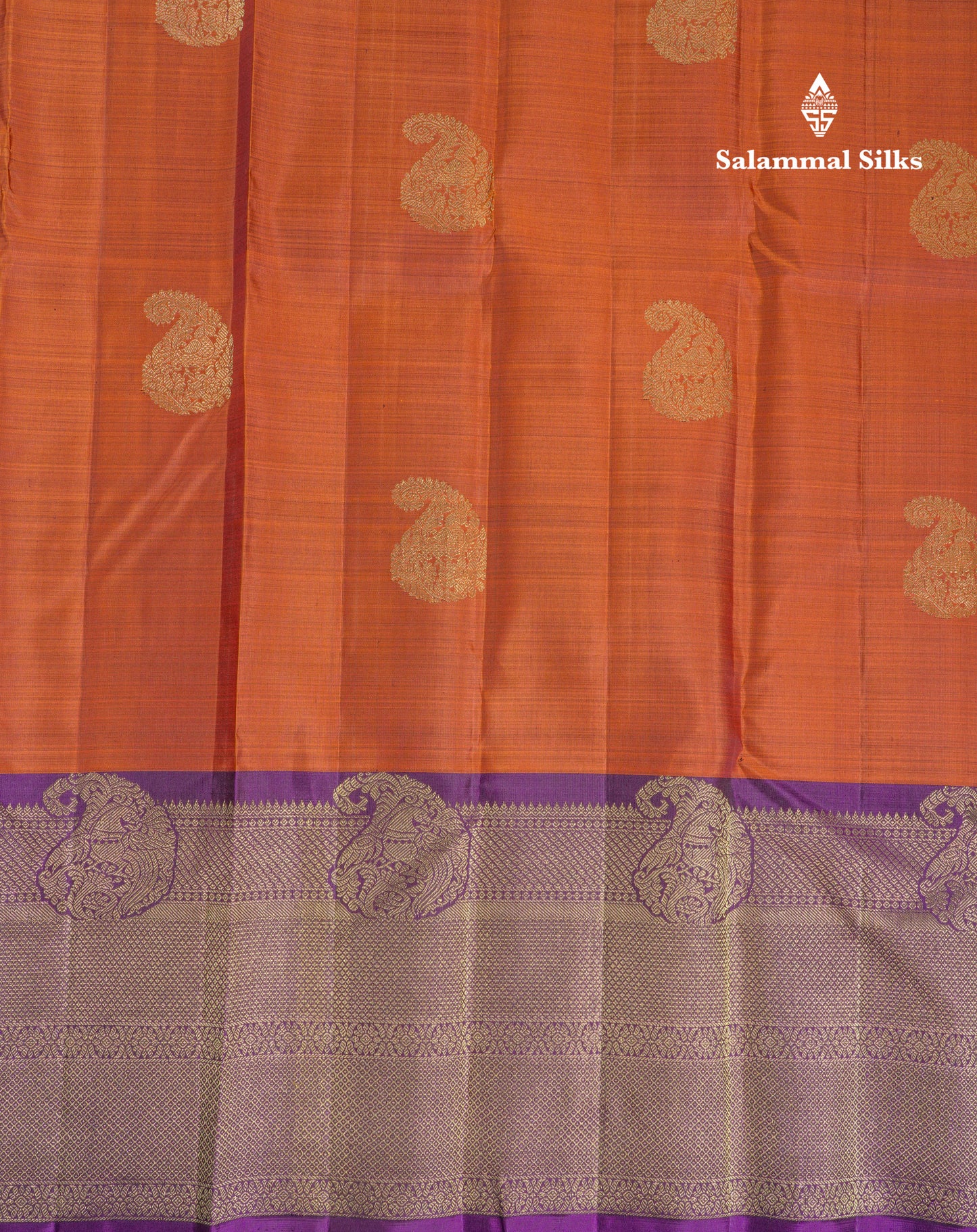 Beautiful Rust Orange Pure Kanjivaram Silk Saree With Contrast Dark Purple Traditional One Side Border