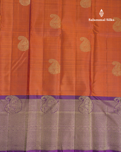 Beautiful Rust Orange Pure Kanjivaram Silk Saree With Contrast Dark Purple Traditional One Side Border