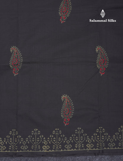 Black South Cotton Printed Saree With Contrast Grey White Blouse
