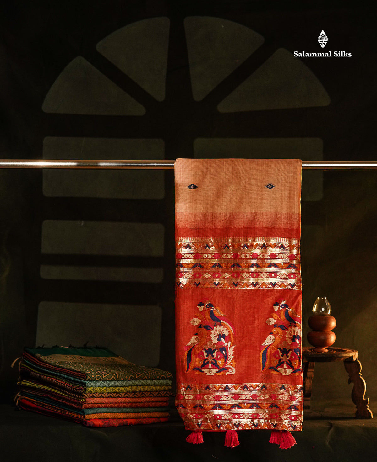 Beautiful Peach Menakari Work Muga Cotton Saree With Contrast Red Blouse