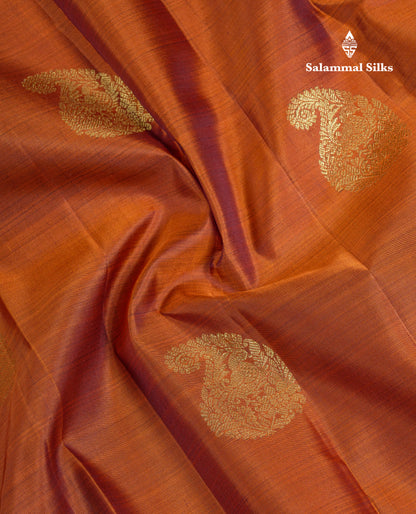 Beautiful Rust Orange Pure Kanjivaram Silk Saree With Contrast Dark Purple Traditional One Side Border