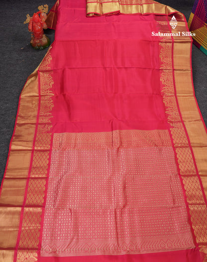 Beautiful Pinkish Red Plain Pure Kanjivaram Silk Saree With Traditional Border