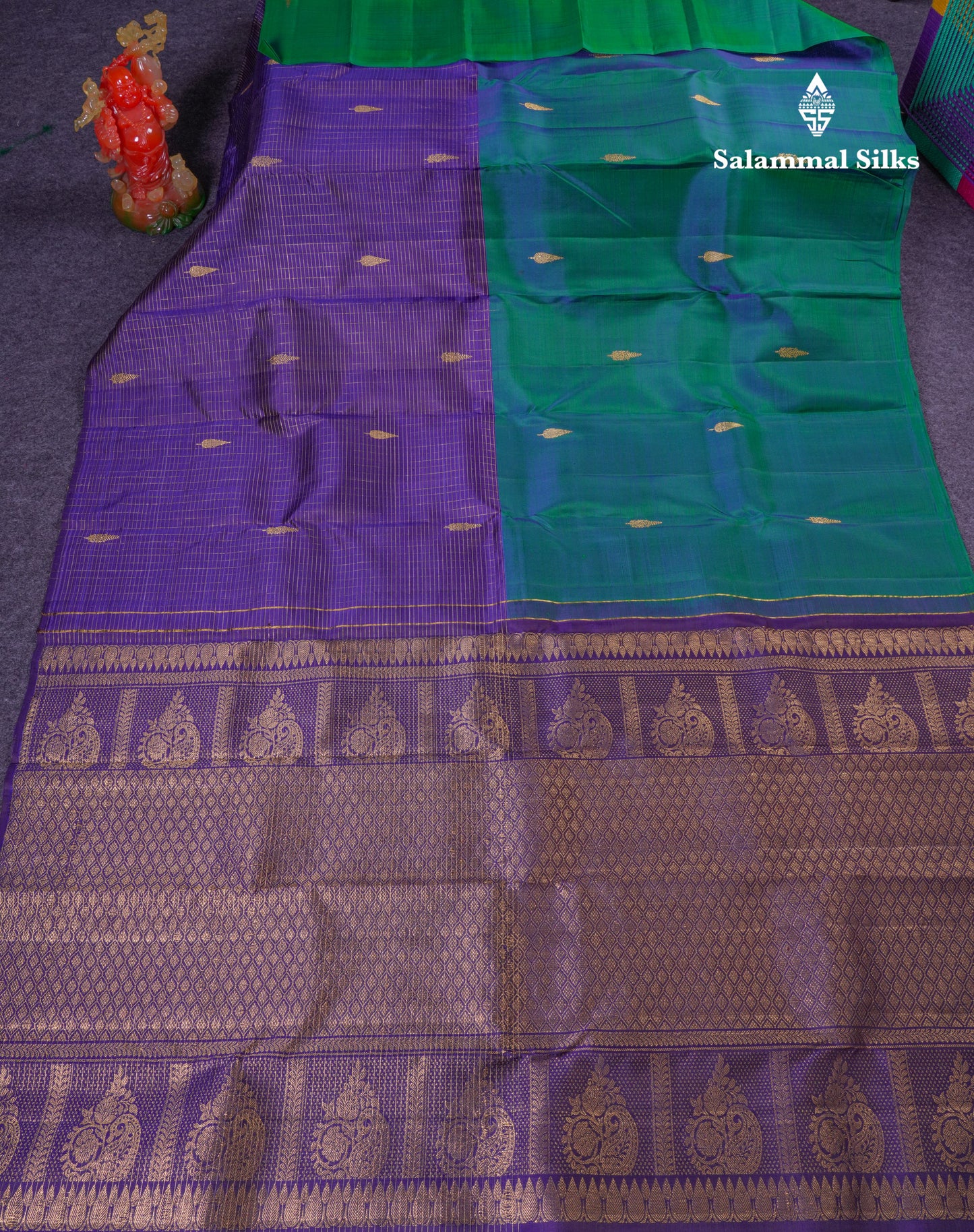 Beautiful Dual Tone Peacock Green And Violet Half & Half Pure Kanjivaram Silk Saree With Contrast Violet Blouse