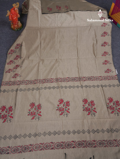 Cream Sandal South Cotton Printed Saree With Contrast Maroon Blouse