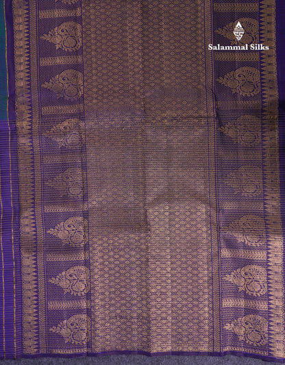 Beautiful Dual Tone Peacock Green And Violet Half & Half Pure Kanjivaram Silk Saree With Contrast Violet Blouse