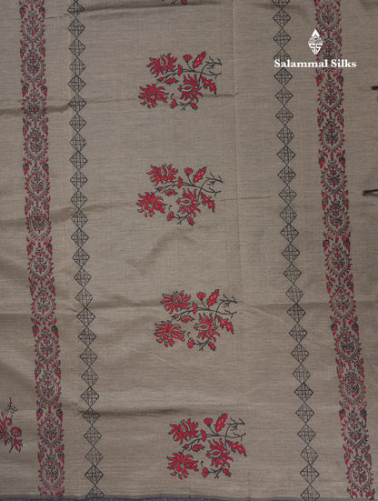Cream Sandal South Cotton Printed Saree With Contrast Maroon Blouse