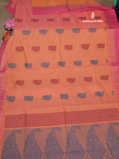 Peach Beautiful Fancy Pure Cotton Saree With Pink Border
