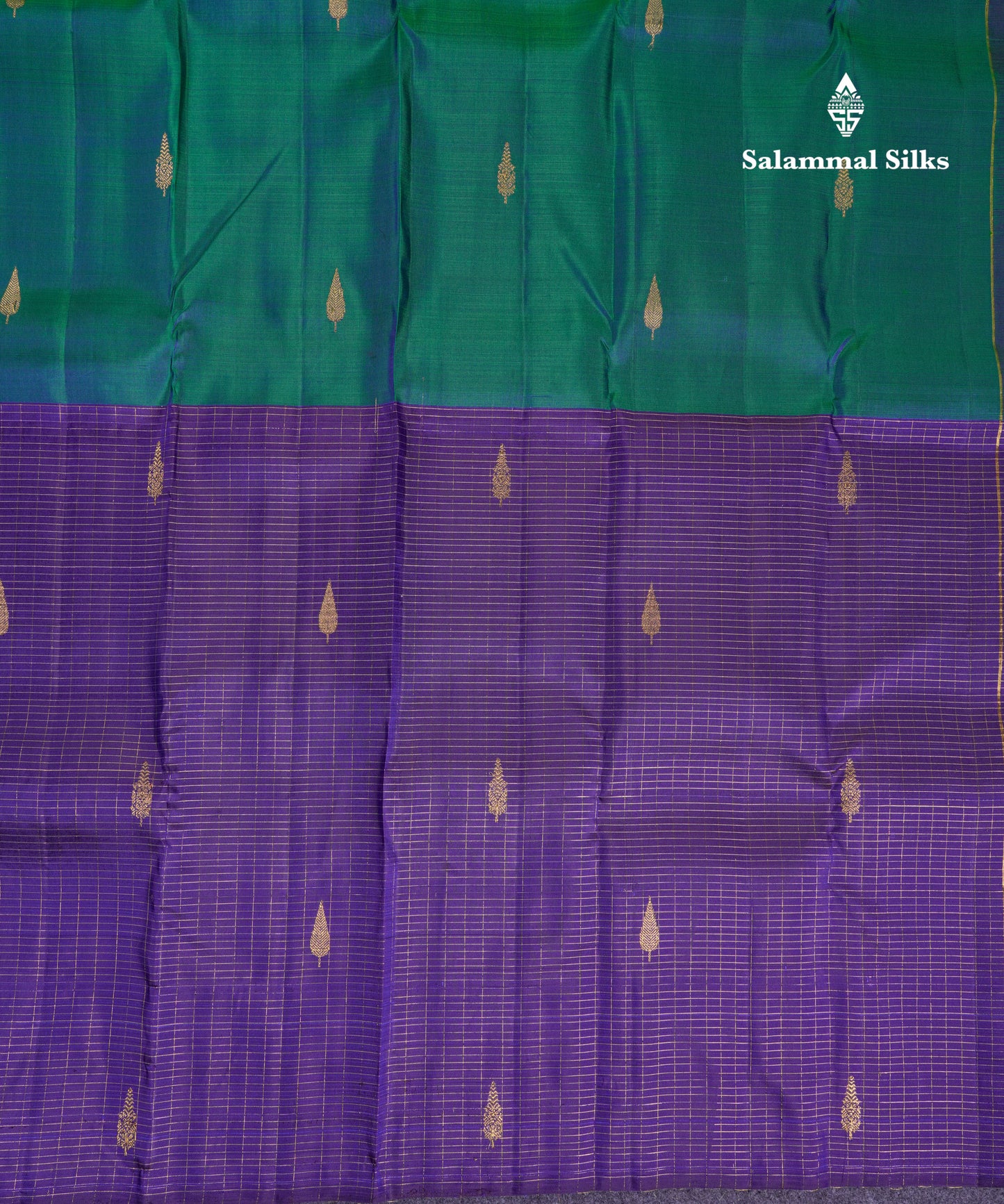 Beautiful Dual Tone Peacock Green And Violet Half & Half Pure Kanjivaram Silk Saree With Contrast Violet Blouse