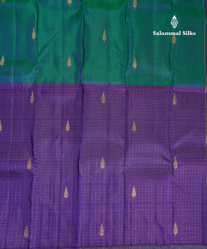 Beautiful Dual Tone Peacock Green And Violet Half & Half Pure Kanjivaram Silk Saree With Contrast Violet Blouse
