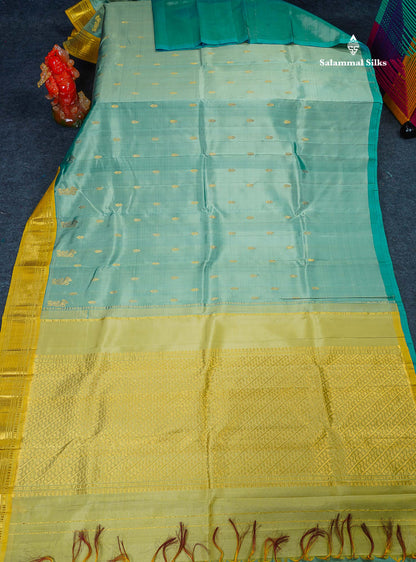 One Side Border Pure Silk Saree - Pastel Blue Colour Body Zari Butta With Light Yellow Border