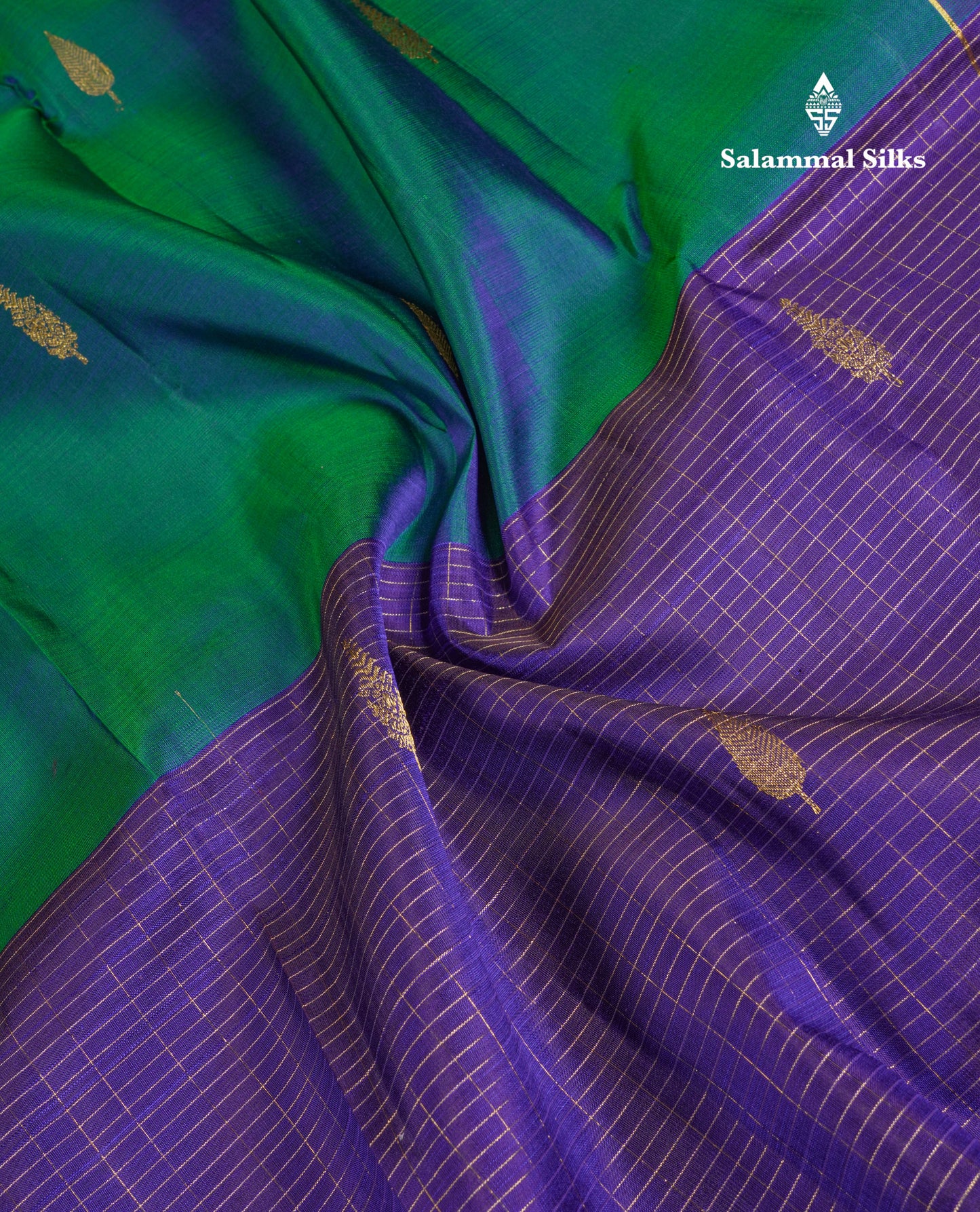Beautiful Dual Tone Peacock Green And Violet Half & Half Pure Kanjivaram Silk Saree With Contrast Violet Blouse