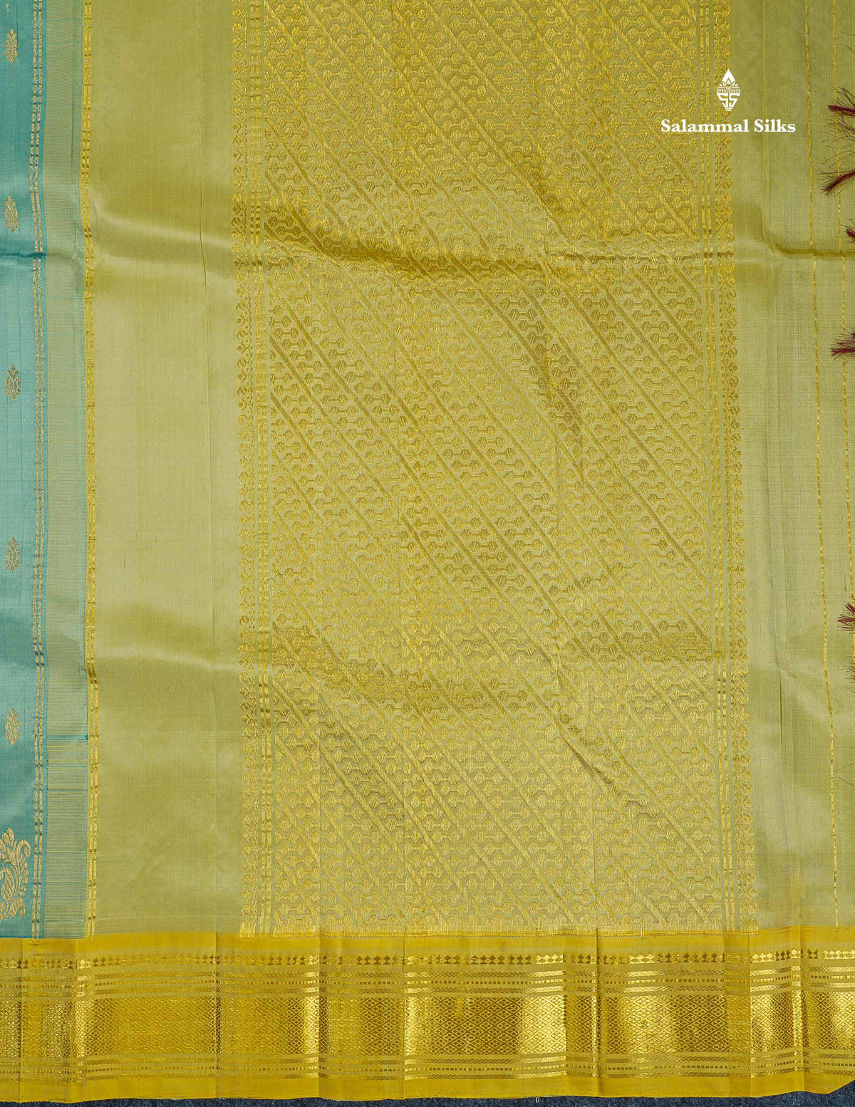 One Side Border Pure Silk Saree - Mehandi Green Colour Body Zari Butta With Contrast Yellow Border