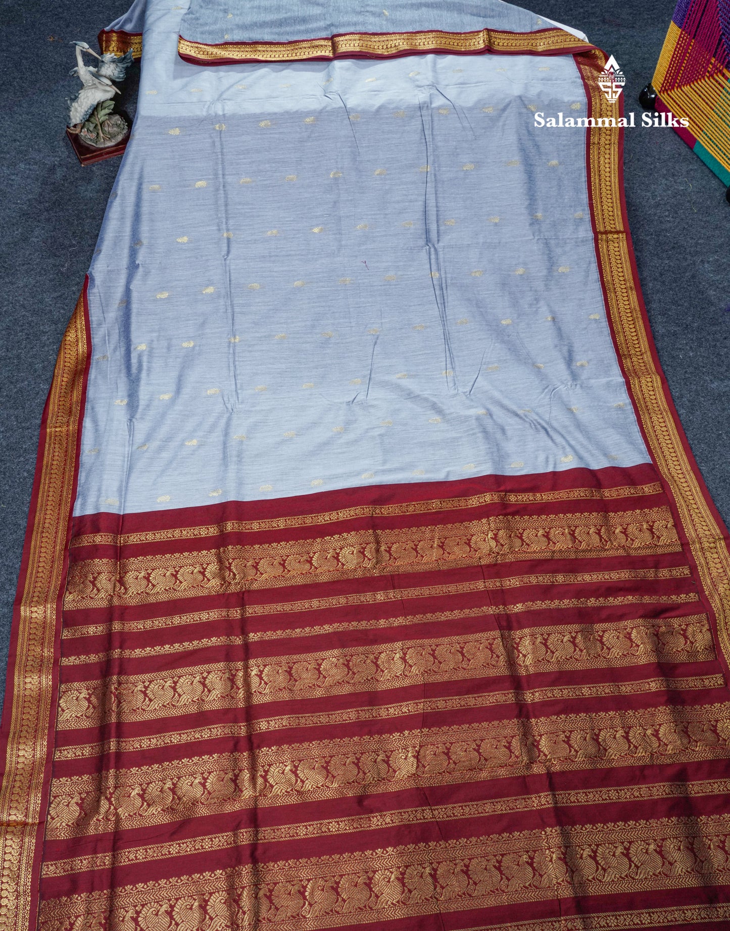 Light Grey Kalyani Cotton Saree With Contrast Maroon Border