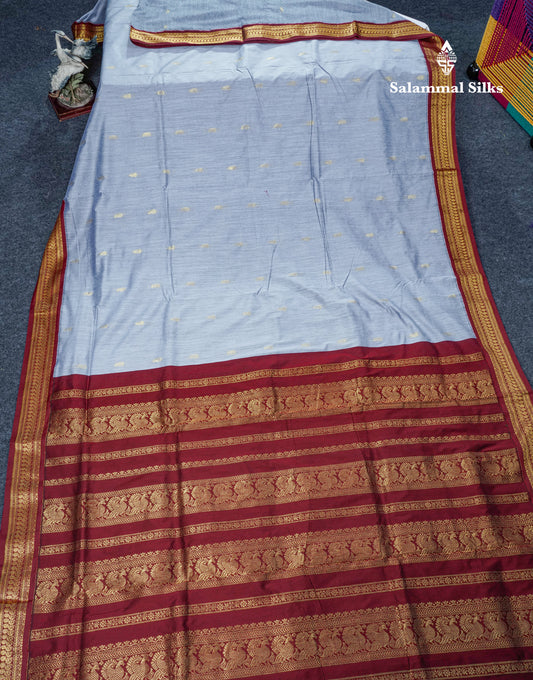 Light Grey Kalyani Cotton Saree With Contrast Maroon Border