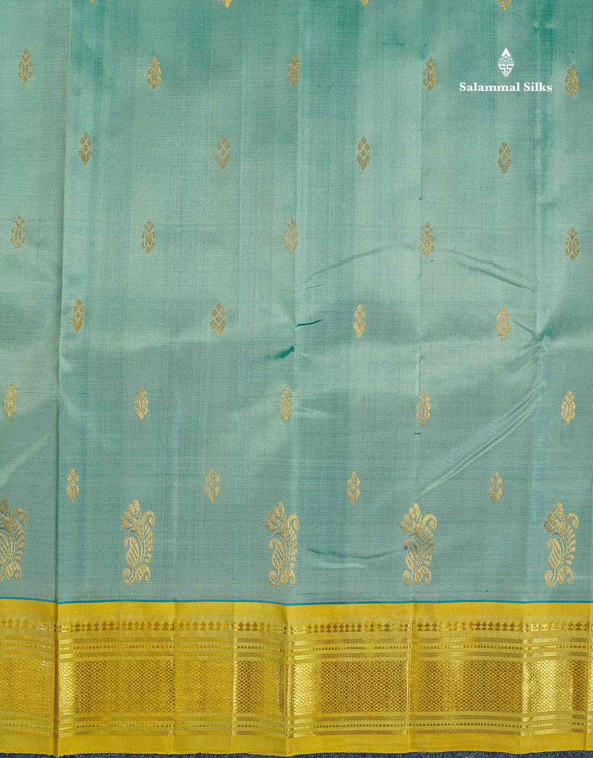 One Side Border Pure Silk Saree - Mehandi Green Colour Body Zari Butta With Contrast Yellow Border