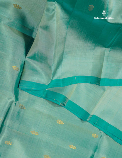 One Side Border Pure Silk Saree - Mehandi Green Colour Body Zari Butta With Contrast Yellow Border