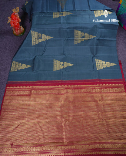 Beautiful Ramar Blue Pure Kanjivaram Silk Saree With Contrast Maroon Blouse