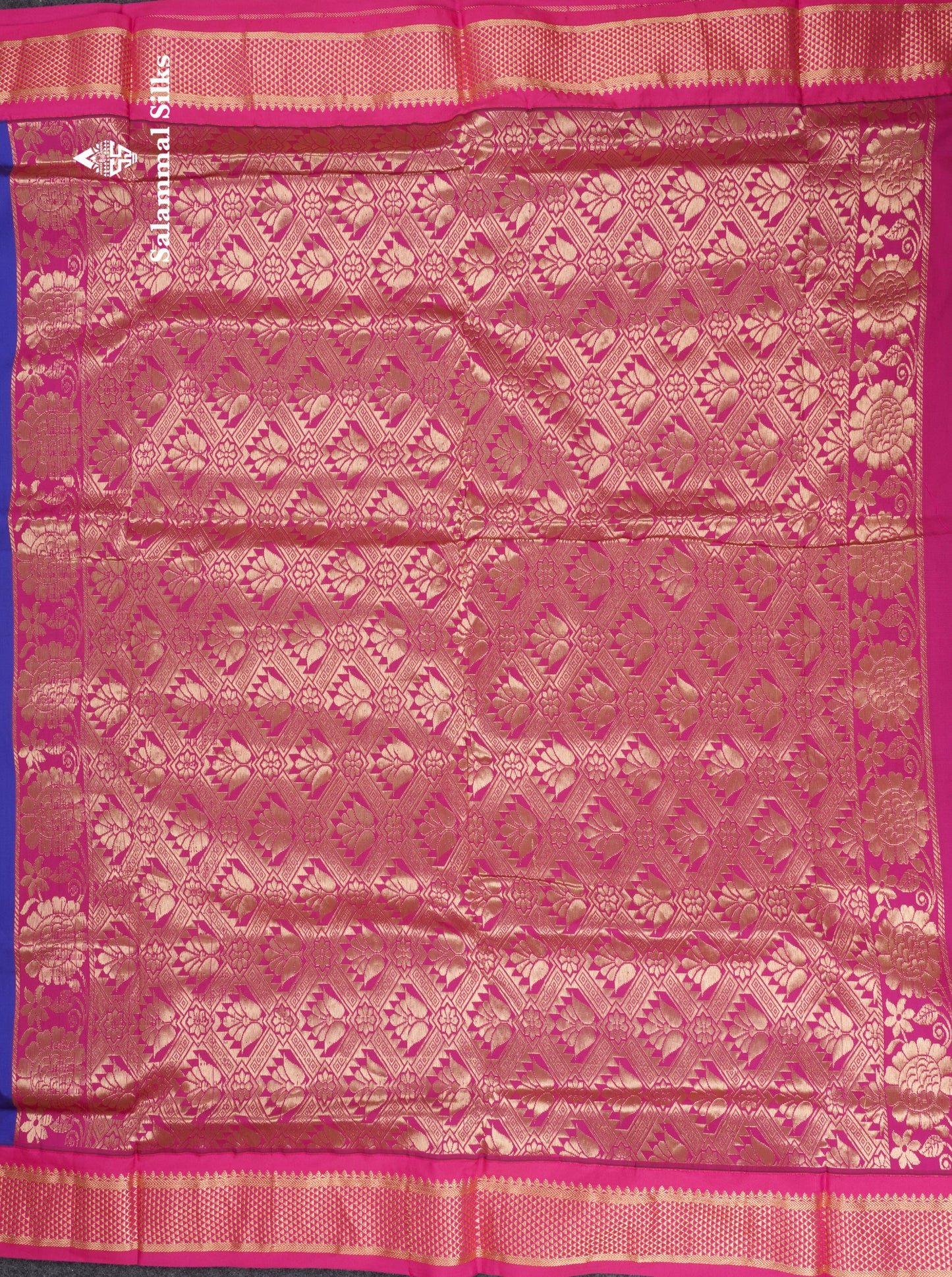 11 Yards Semi Silk Saree Royal Blue with Contrast Pink Border