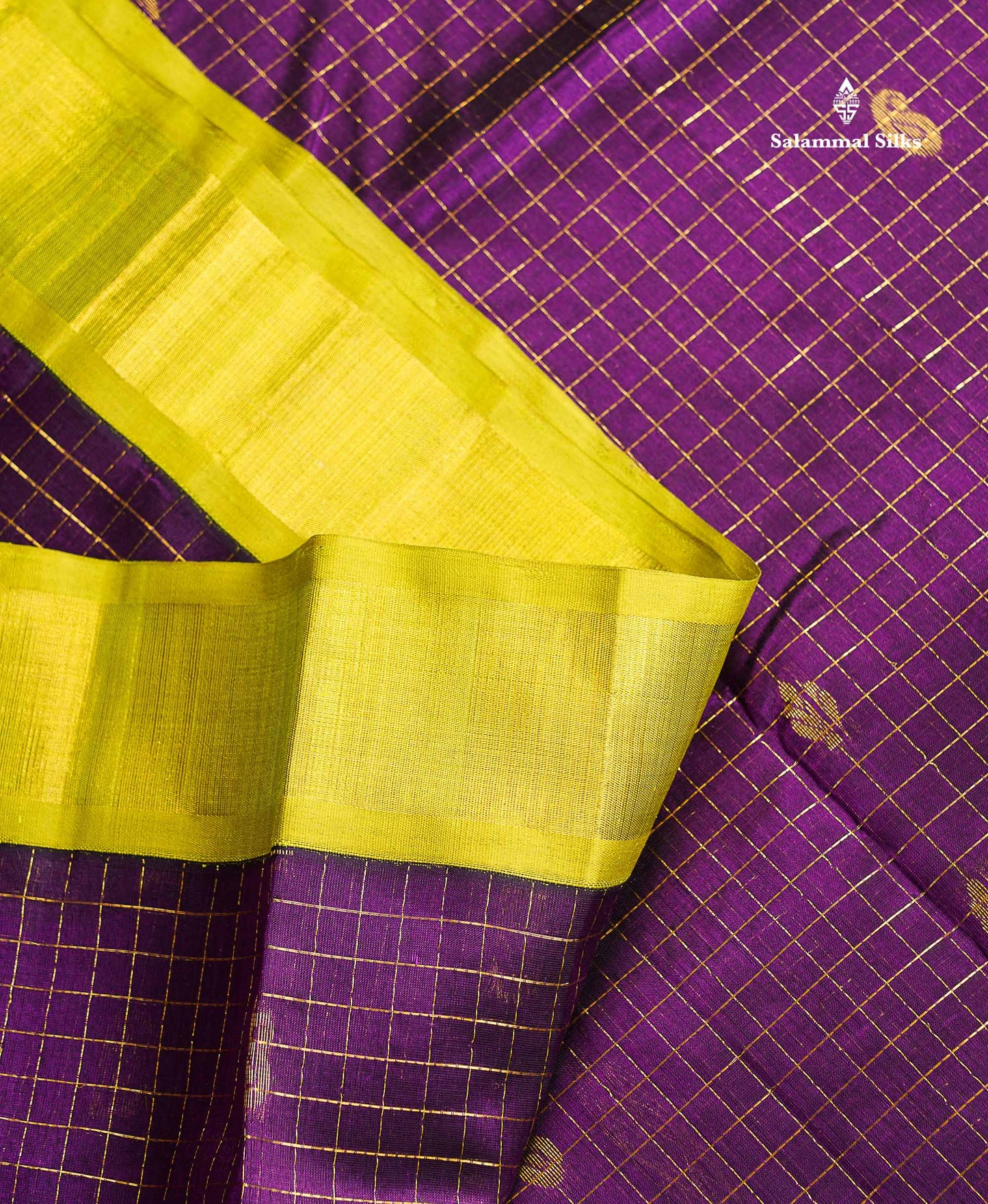 Pure Silk Cotton Saree - Dark Purple Colour Body Checks With Butta & Parrot Green Traditional Border