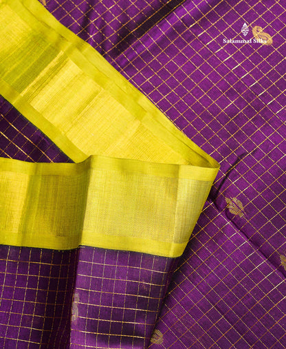Pure Silk Cotton Saree - Dark Purple Colour Body Checks With Butta & Parrot Green Traditional Border
