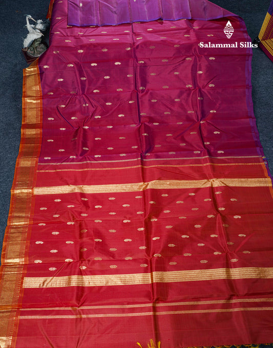 Dual Tone Magenta Pure Kanjivaram Silk Saree With Contrast Mustard Yellow One Side Border