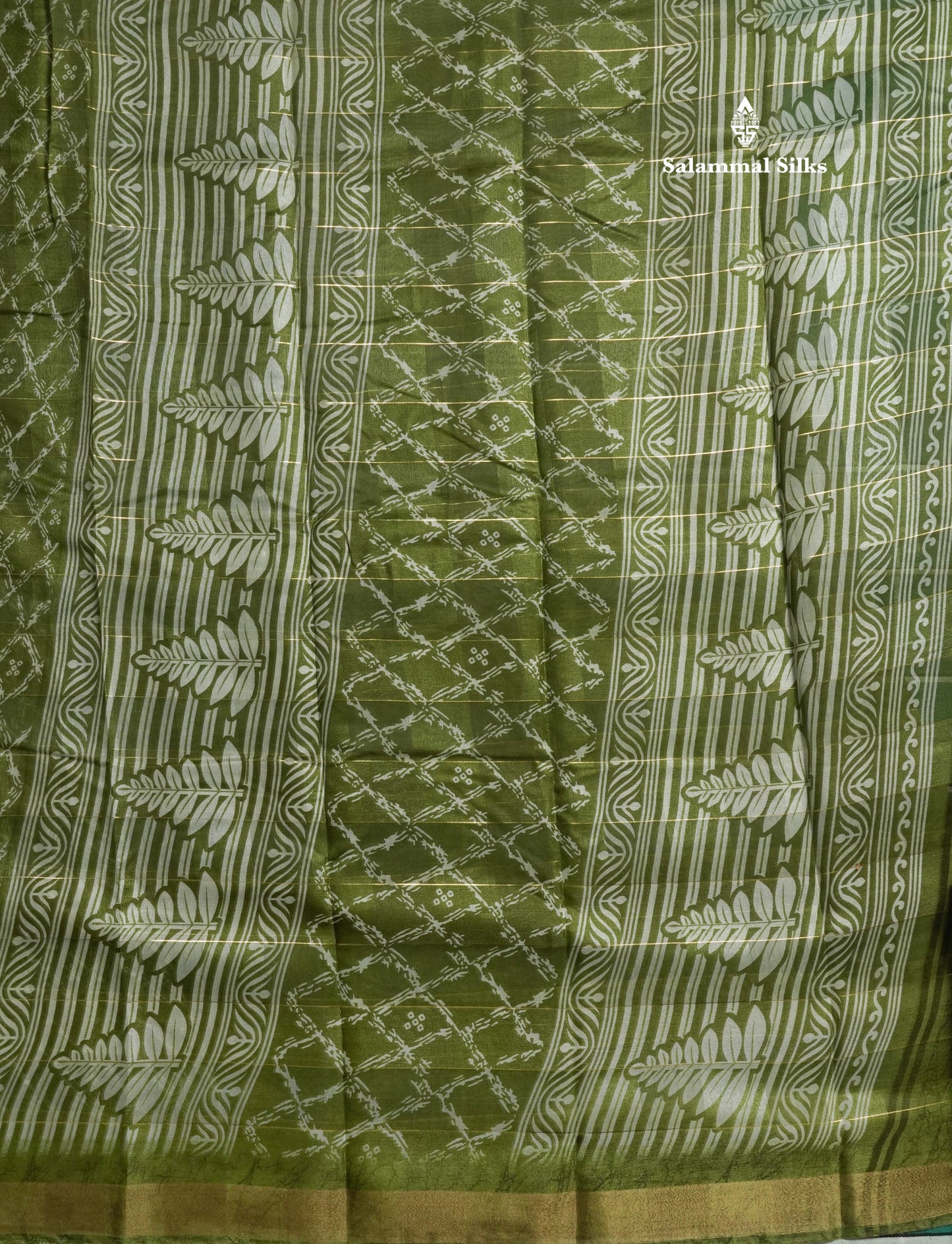 Army Green Printed Cotton Mix Saree With Tissue Border
