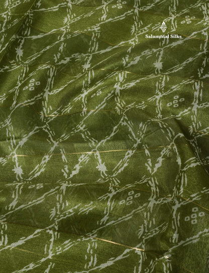 Army Green Printed Cotton Mix Saree With Tissue Border