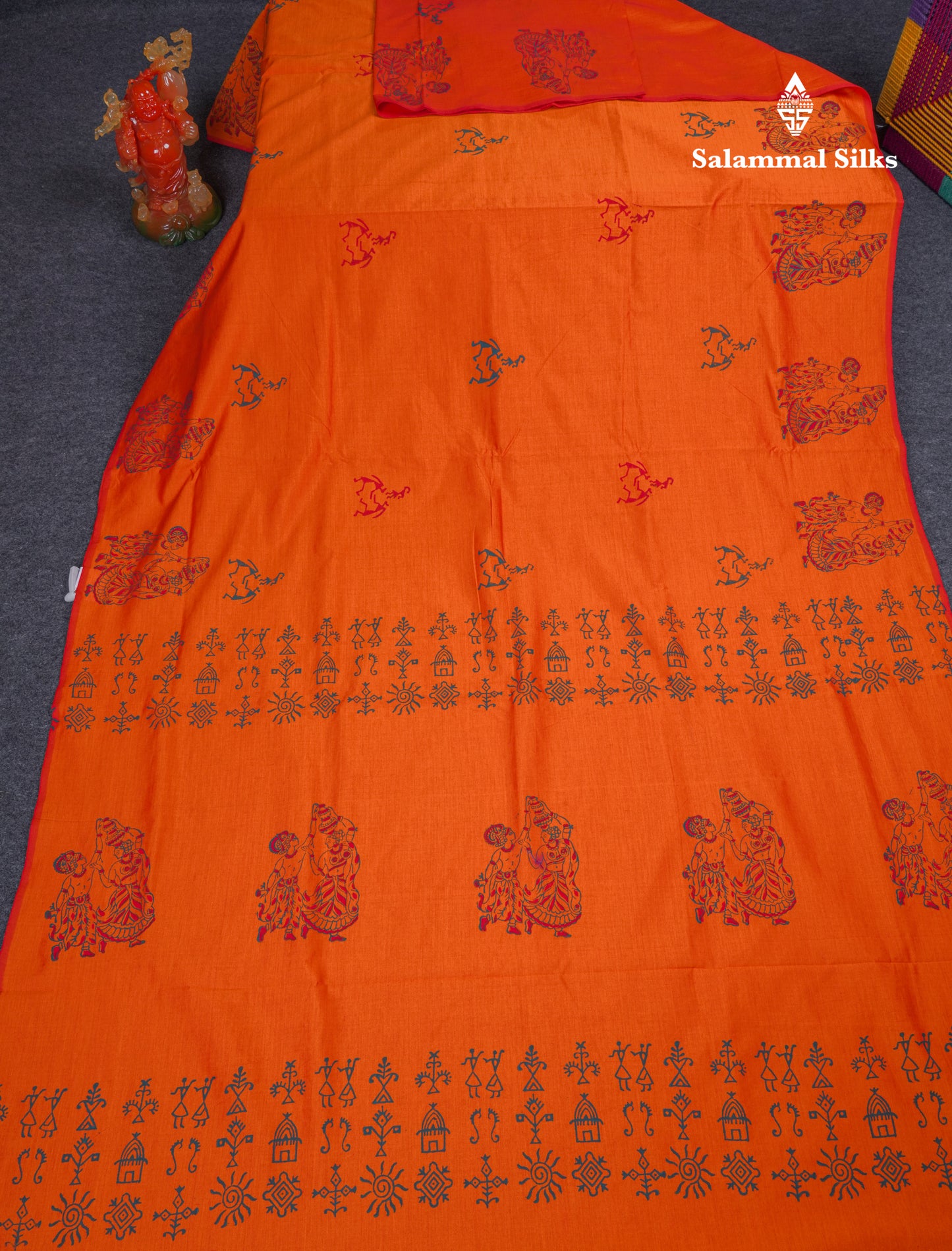 Orange South Cotton Printed Saree With Contrast Peacock Blue Blouse