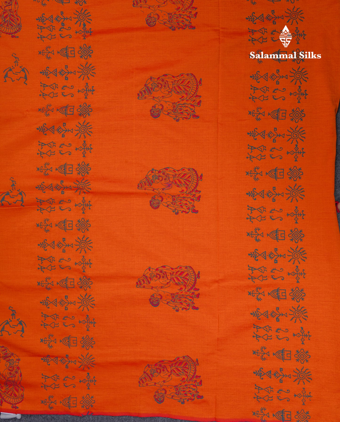 Orange South Cotton Printed Saree With Contrast Peacock Blue Blouse